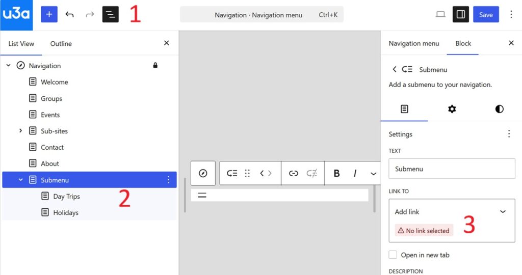 Editing a submenu to show the link (not selected, broken) to the menu called 'Submenu'