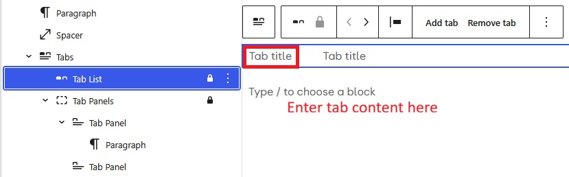 screen shot of the Tabs block ready to have content entered